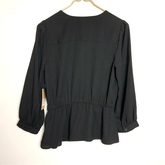 NWT Halogen Sz XS Black Surplice Faux Wrap Long Sleeve Peplum Blouse - Picture 2 of 5
